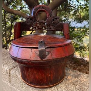 Antique 19th Century Chinese Red Lacquered Wood Wedding Basket